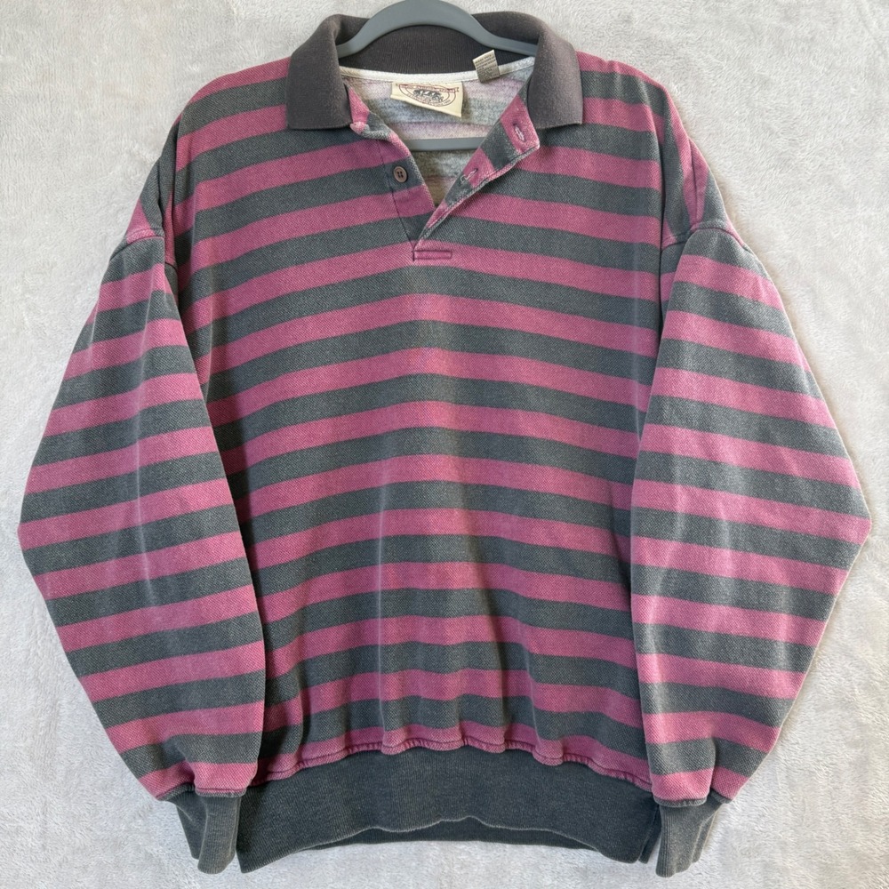 VTG John Ashford Sport Striped Polo Rugby sweatshirt Mens M Pink Long Sleeve